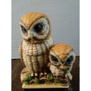Owl Family Figurine On Branch  9" Bisque Porcelain Pedestal  Japan Signed HK 